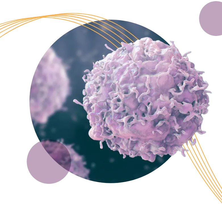 5 parallel orange lines winding through circle containing up-close view of a cancer cell. Two small purple circles surround the main photo.