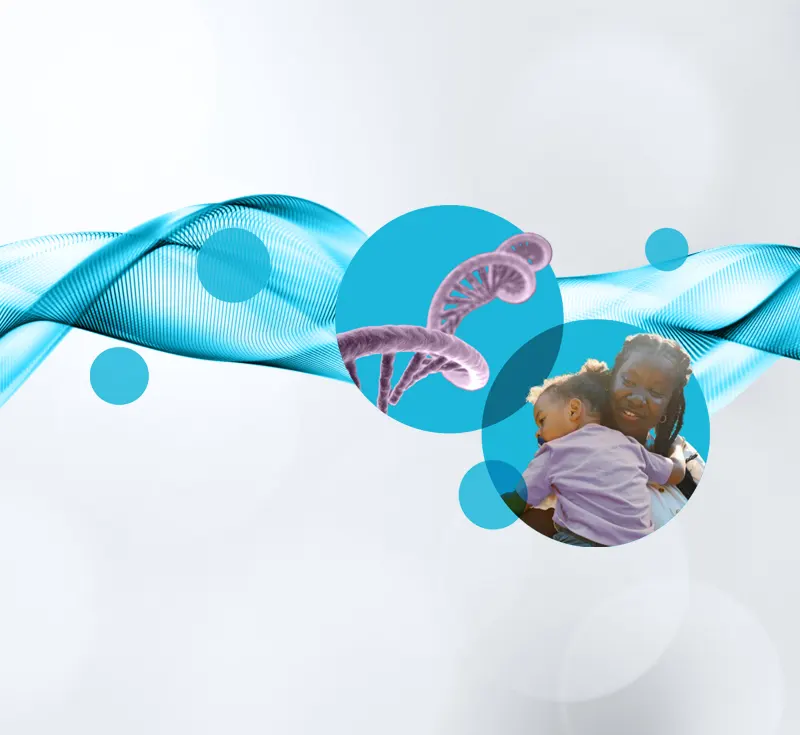 Gray background with blue abstract wave and two intersecting circles representing extraordinary science and life-changing therapies