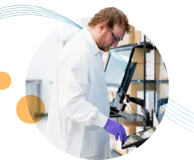 Gray background with parallel blue lines weaving through circle containing a photo of an ACCENTuator in the lab. Two small orange circles surround the main photo.