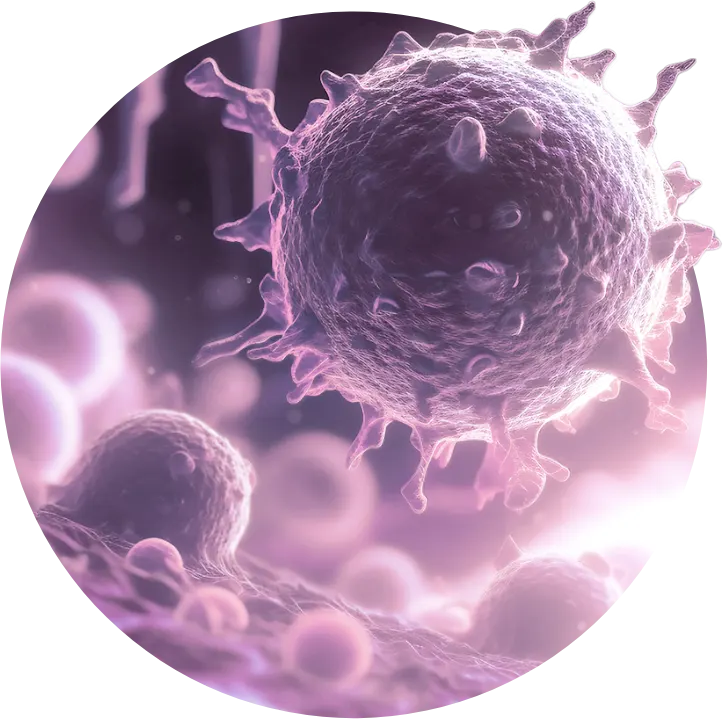 Gray background with blue abstract wave intersecting a circle containing a close-up image of a cancer cell