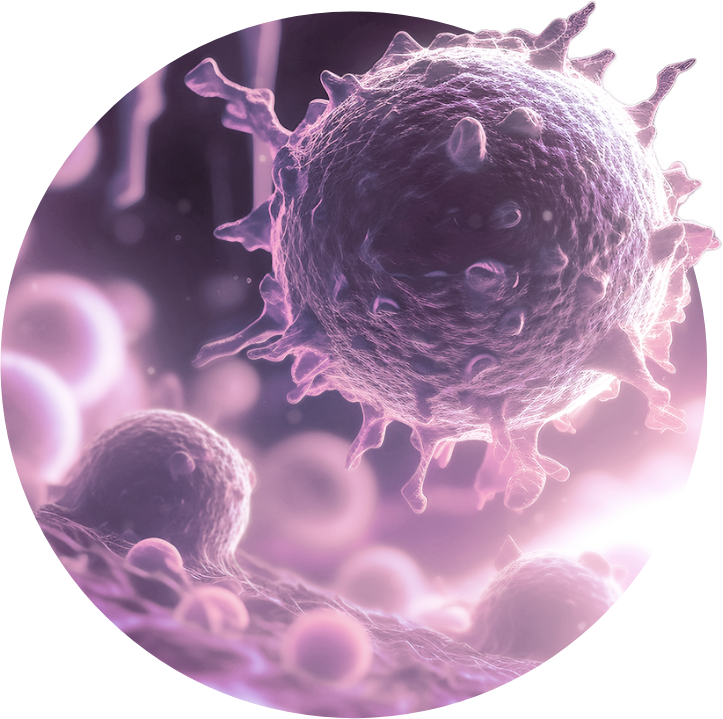 Gray background with blue abstract wave intersecting a circle containing a close-up image of a cancer cell 